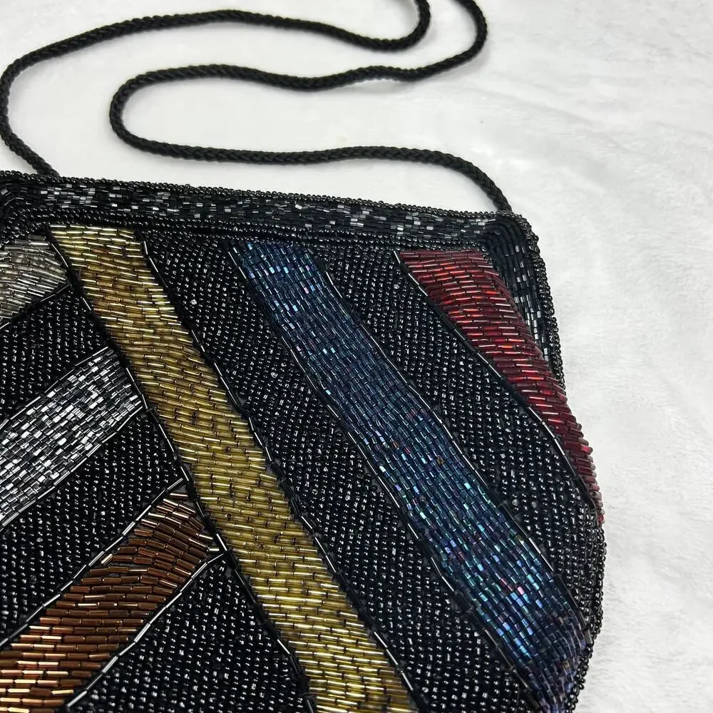 Vintage Beaded Evening Bag Black Rainbow Shoulder Purse Garfinckel's Pocketbook